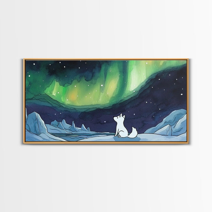 White Arctic Fox Under Northern Lights, Wall Art, Celestial Winter Landscape, Whimsical Nursery Decor, Aurora Canvas Print