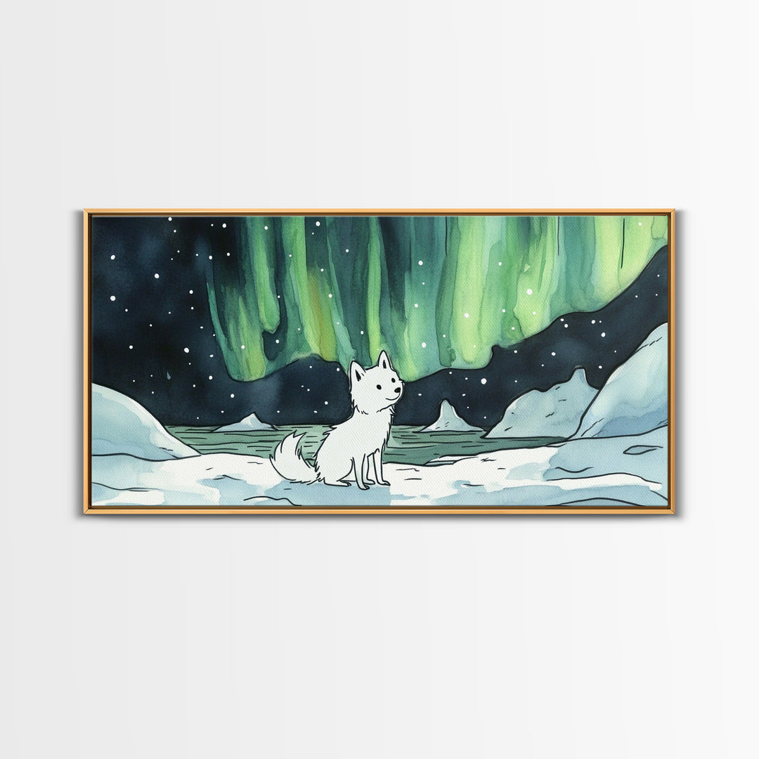 Sitting White Fox With Aurora Sky, Framed Canvas Print, Celestial Wall Art, Winter Nursery Decor, Whimsical Gift For Her