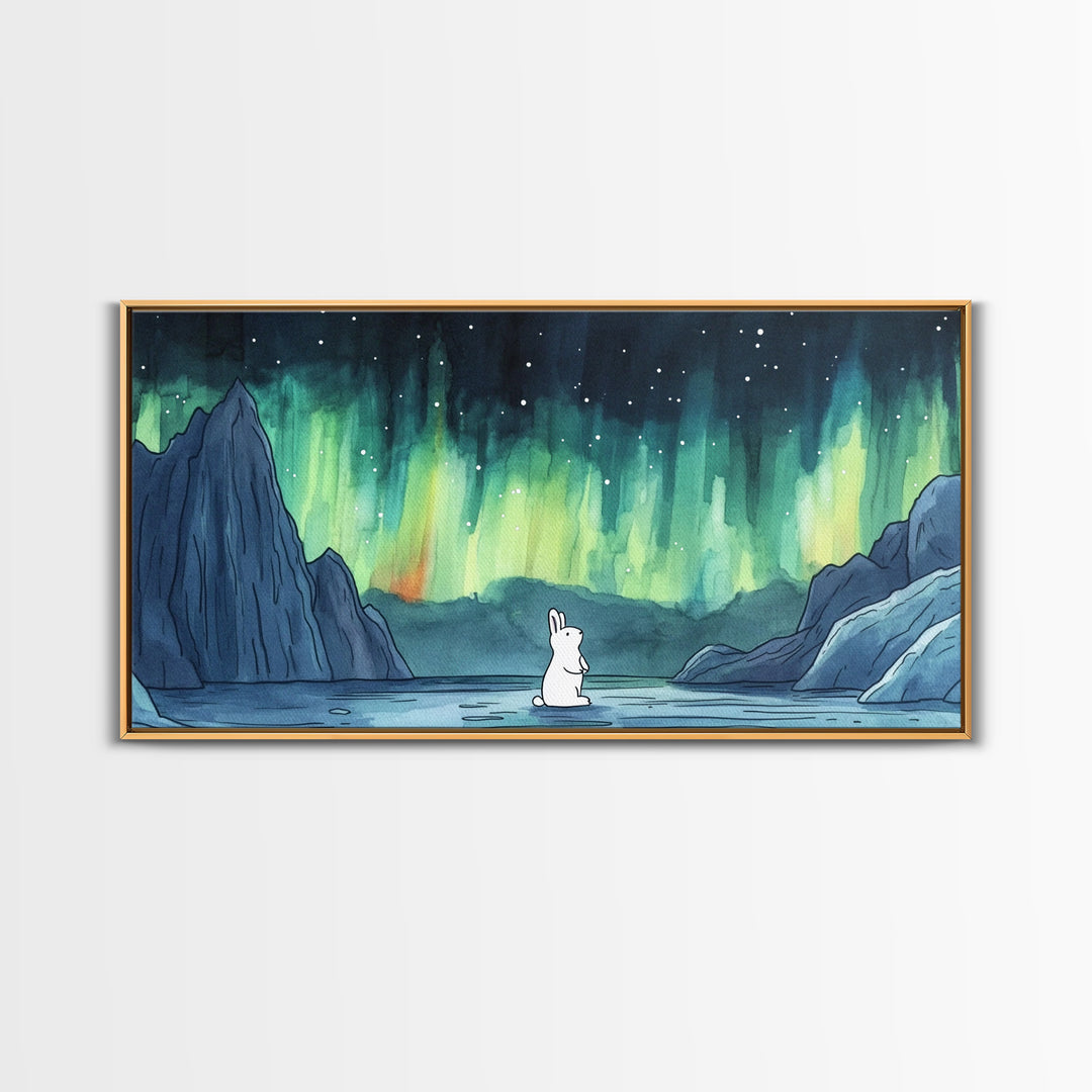 White Arctic Hare Under Aurora, Panoramic Wall Art, Celestial Winter Landscape, Whimsical Nursery Decor, Nature Canvas Print