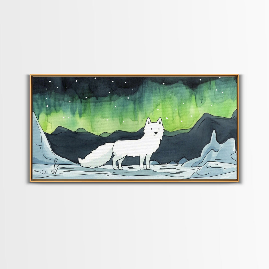 Standing White Arctic Fox With Northern Lights, Wall Art, Celestial Winter Landscape, Wildlife Canvas Print, Cozy Home Decor