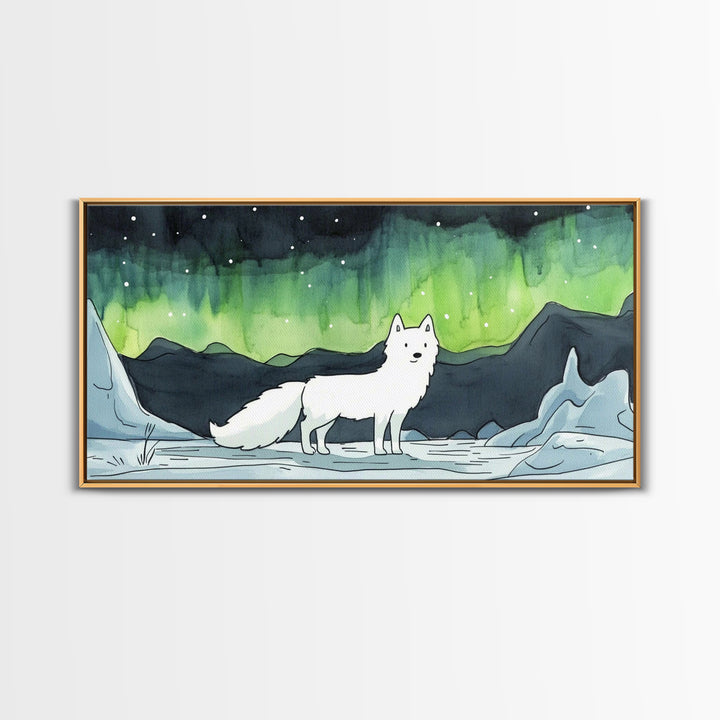 Standing White Arctic Fox With Northern Lights, Wall Art, Celestial Winter Landscape, Wildlife Canvas Print, Cozy Home Decor