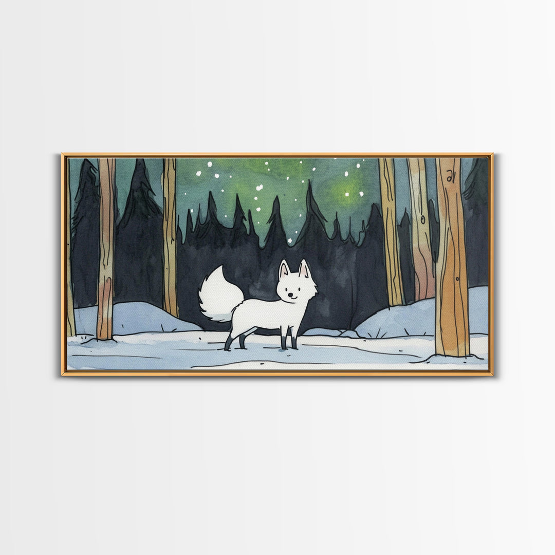 White Fox In Snowy Pine Forest, Framed Canvas Print, Nordic Winter Wall Art, Woodland Nursery Decor, Whimsical Gift For Her