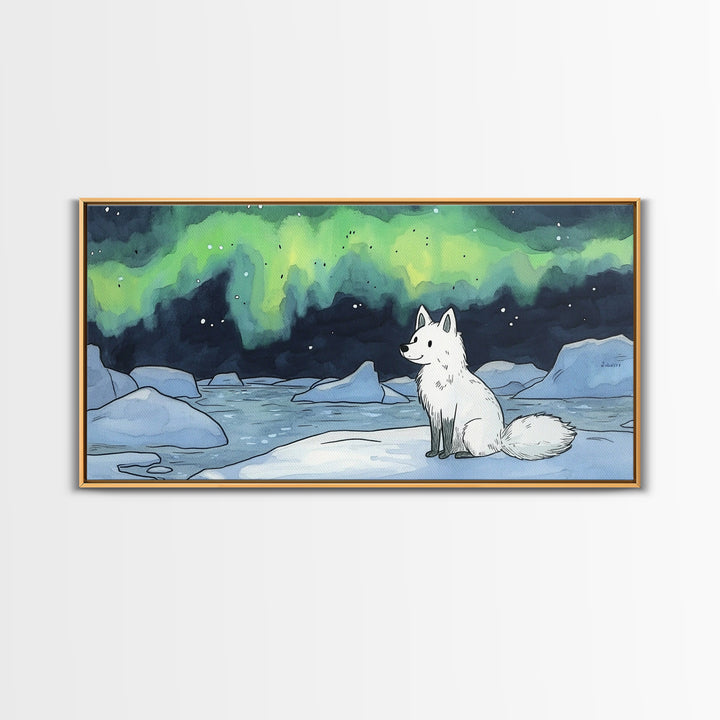 Sitting Arctic Fox On Ice Under Aurora, Canvas Print, Celestial Wall Art, Winter Coastal Decor, Calming Wildlife Gift For Her
