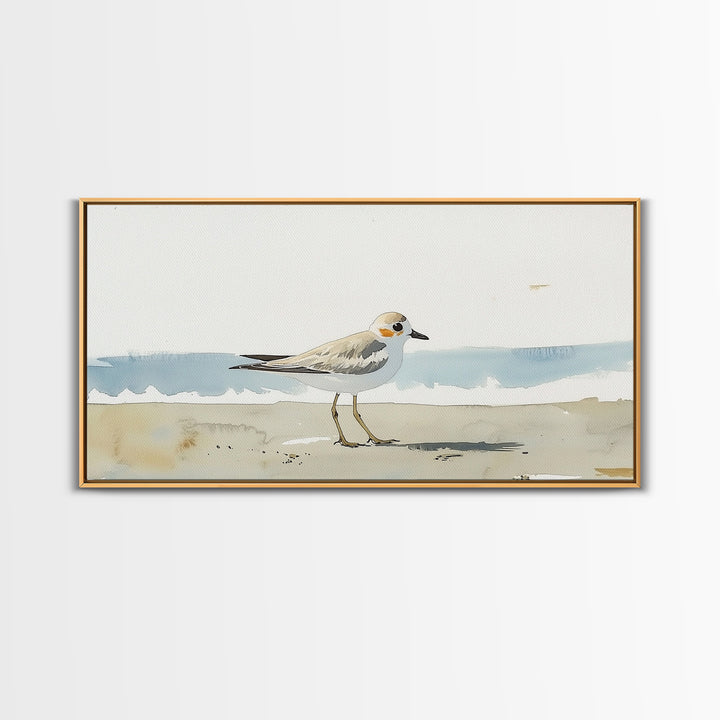 Tiny Snowy Plover Beside Gentle Surf Canvas Print, Watercolor Bird Art, Coastal Wall Art, Beach House Decor, Nature Print