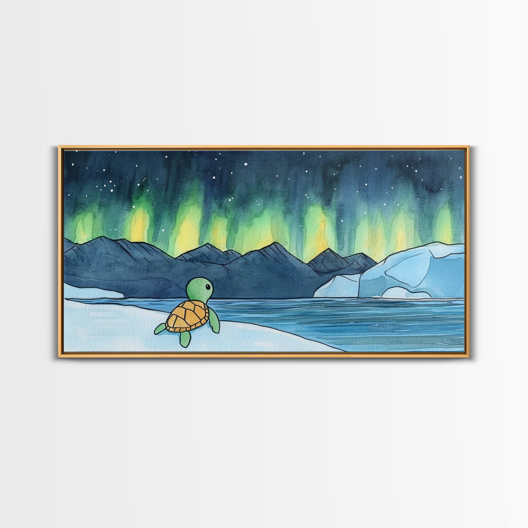 Baby Sea Turtle Watching Aurora Wall Art, Northern Lights Landscape, Arctic Ocean Nursery Decor, Whimsical Kids Room Print
