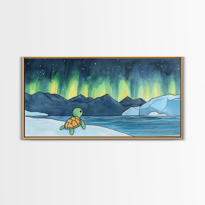 Baby Sea Turtle Watching Aurora Wall Art, Northern Lights Landscape, Arctic Ocean Nursery Decor, Whimsical Kids Room Print