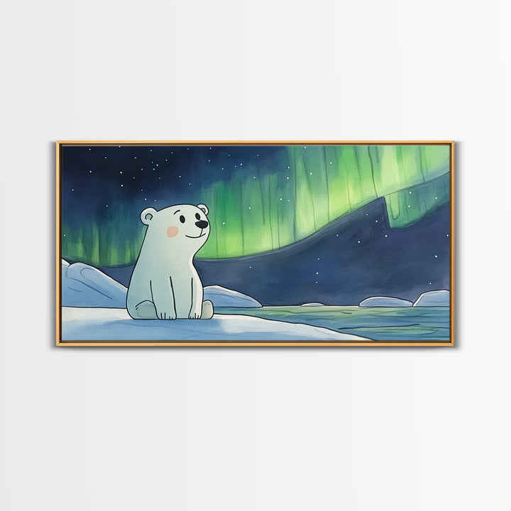 Smiling Polar Bear Under Northern Lights Canvas Print, Whimsical Arctic Nursery Decor, Kids Room Wall Art, Baby Shower Gift