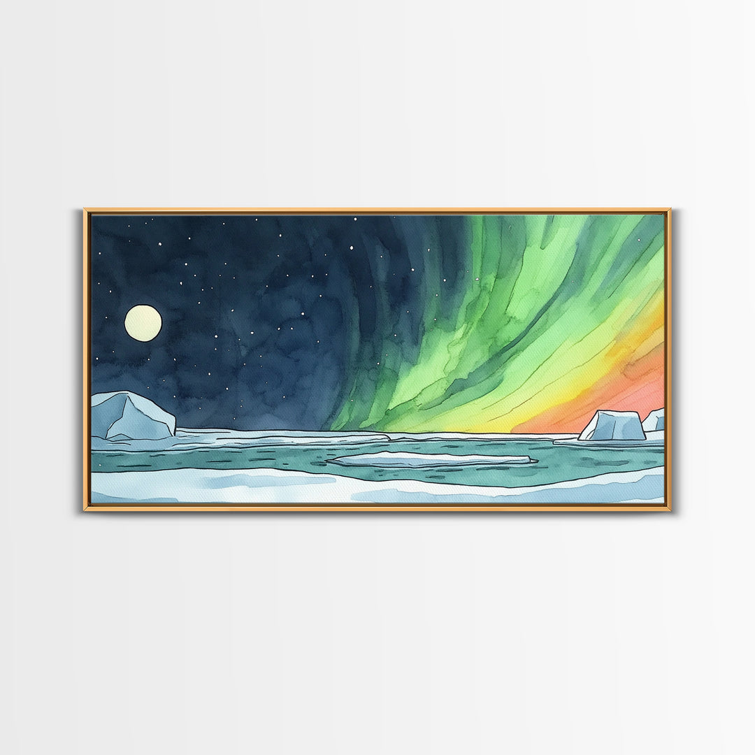 Aurora Borealis Over Icy Ocean Wall Art, Arctic Landscape Print, Celestial Night Sky Decor, Coastal Living Room Wall Art