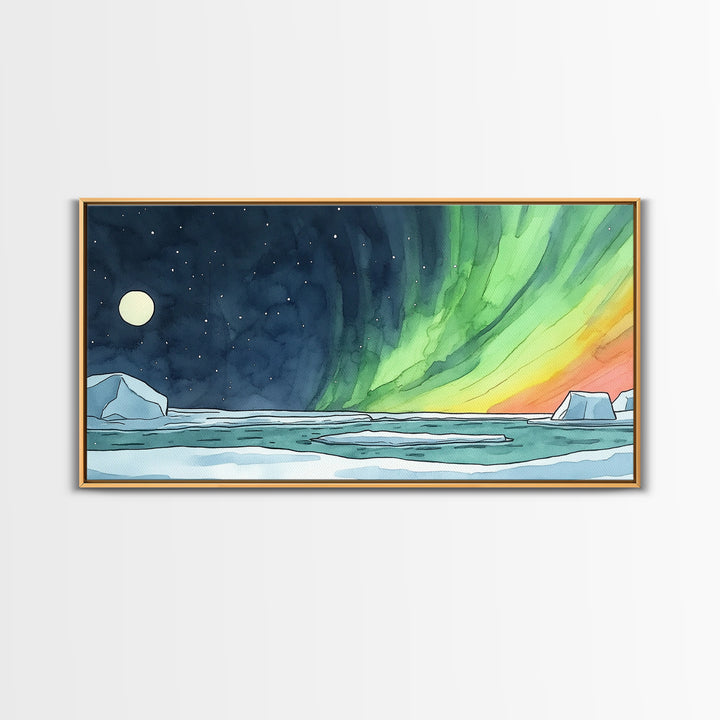 Aurora Borealis Over Icy Ocean Wall Art, Arctic Landscape Print, Celestial Night Sky Decor, Coastal Living Room Wall Art
