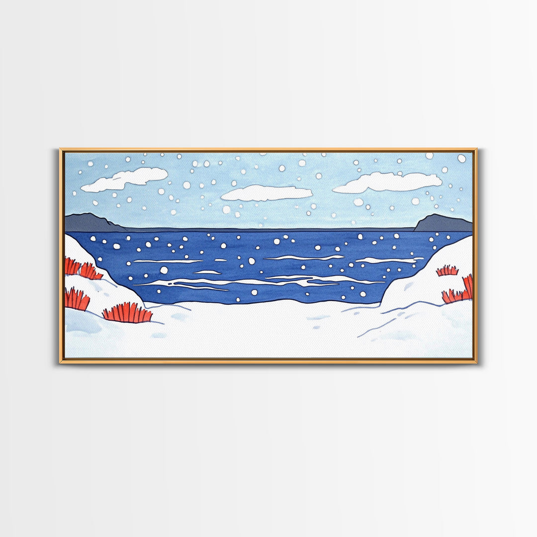 Snowy Winter Ocean With Red Grass Wall Art, Minimal Coastal Landscape Print, Scandinavian Nursery Decor, Beach House Wall Decor