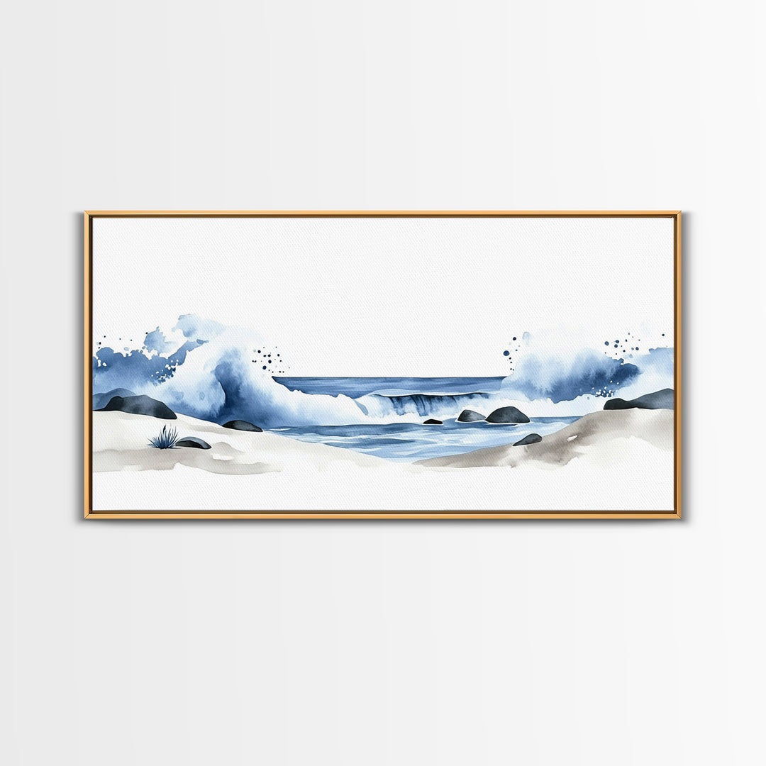 Crashing Blue Waves On Sandy Shore Canvas Print, Minimalist Ocean Wall Art, Coastal Bathroom Decor, Beach House Art Print