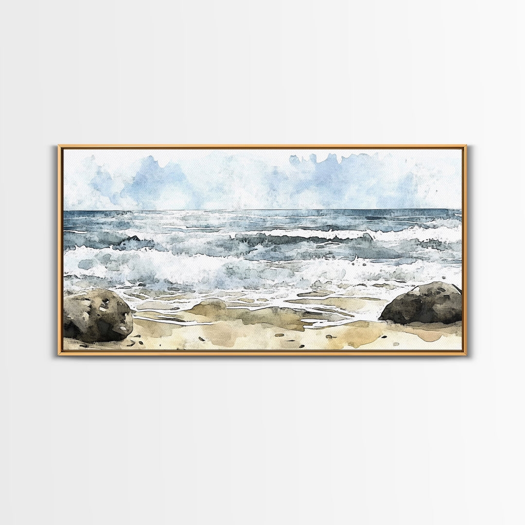 Rocky Surf And Foamy Tide Wall Art, Watercolor Ocean Painting Print, Nautical Coastal Decor, Beach House Living Room Art