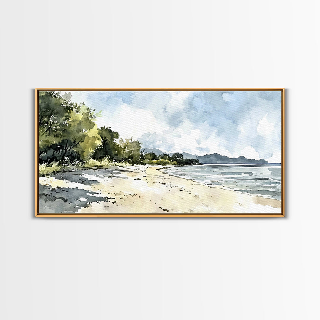 Sunny Tropical Beach With Trees Canvas Print, Coastal Landscape Wall Art, Watercolor Ocean Decor, Beach House Living Room Print