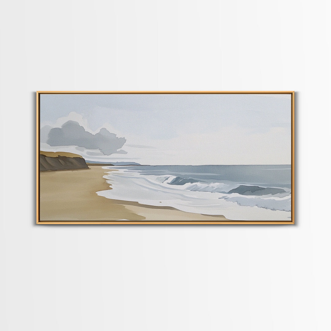Quiet Shoreline With Rolling Waves Canvas Print, Minimalist Coastal Wall Art, Serene Beach Decor, Neutral Living Room Wall Art