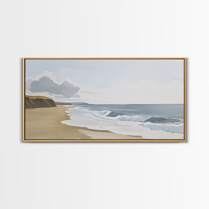 Quiet Shoreline With Rolling Waves Canvas Print, Minimalist Coastal Wall Art, Serene Beach Decor, Neutral Living Room Wall Art