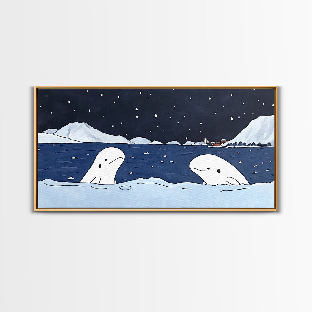 Two Beluga Whales In Icy Bay Wall Art, Arctic Ocean Watercolor Painting, Coastal Nursery Decor, Winter Wildlife Print Gift
