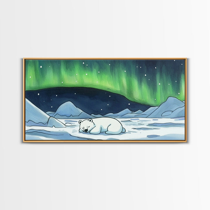 Polar Bear Under Green Aurora Wall Art, Arctic Animal Nursery Decor, Winter Landscape Art Print, Kids Room Decor Baby Gift