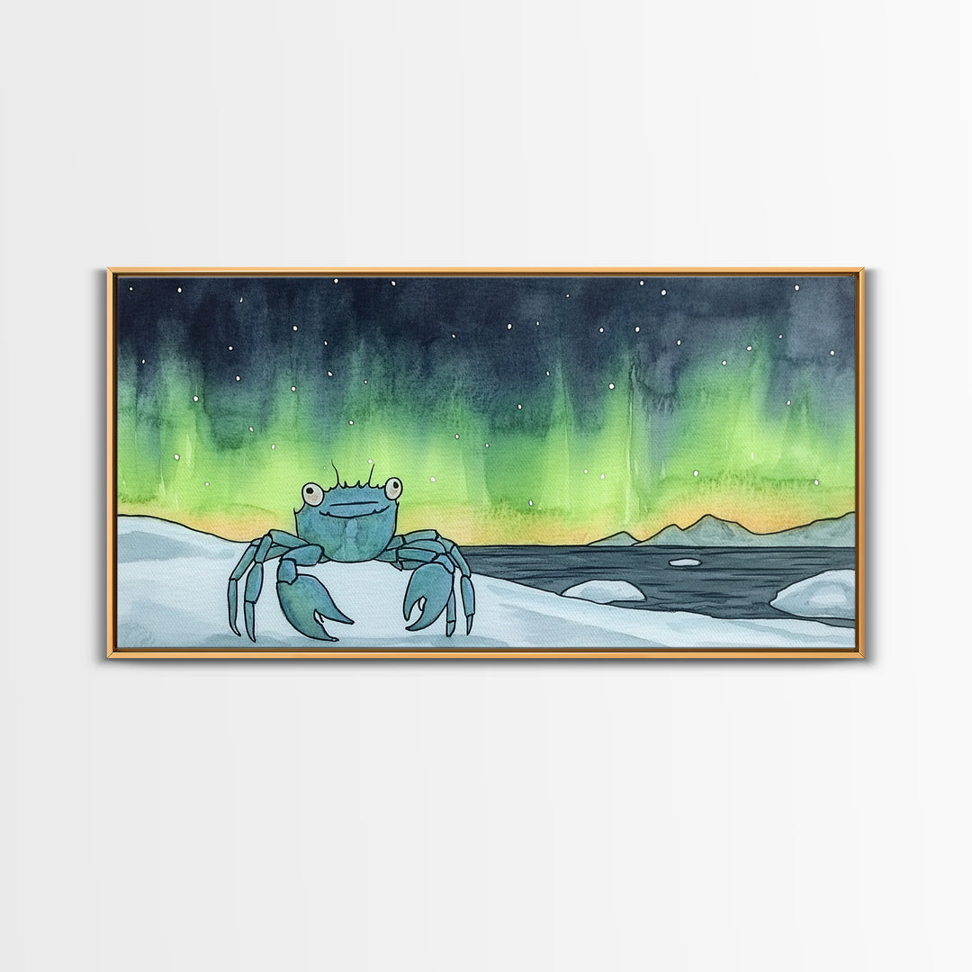 Blue Crab Under Green Aurora Wall Art, Coastal Animal Print, Ocean Nursery Decor, Whimsical Bathroom Wall Decor Gift For Her