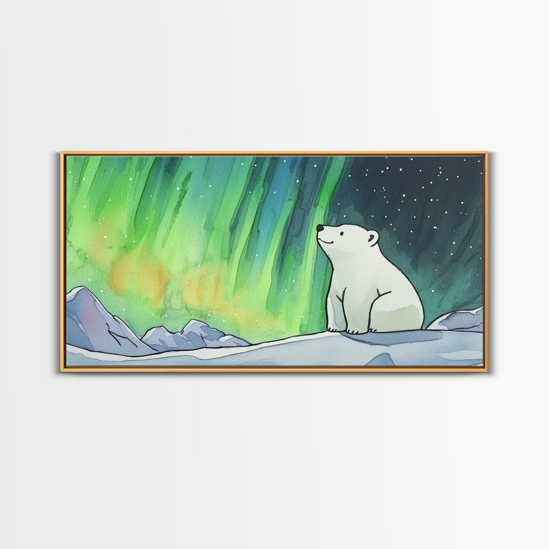 Polar Bear Beneath Aurora Framed Canvas Print, Arctic Animal Wall Art, Celestial Nature Decor, Kids Room Art, Nursery Wall Art