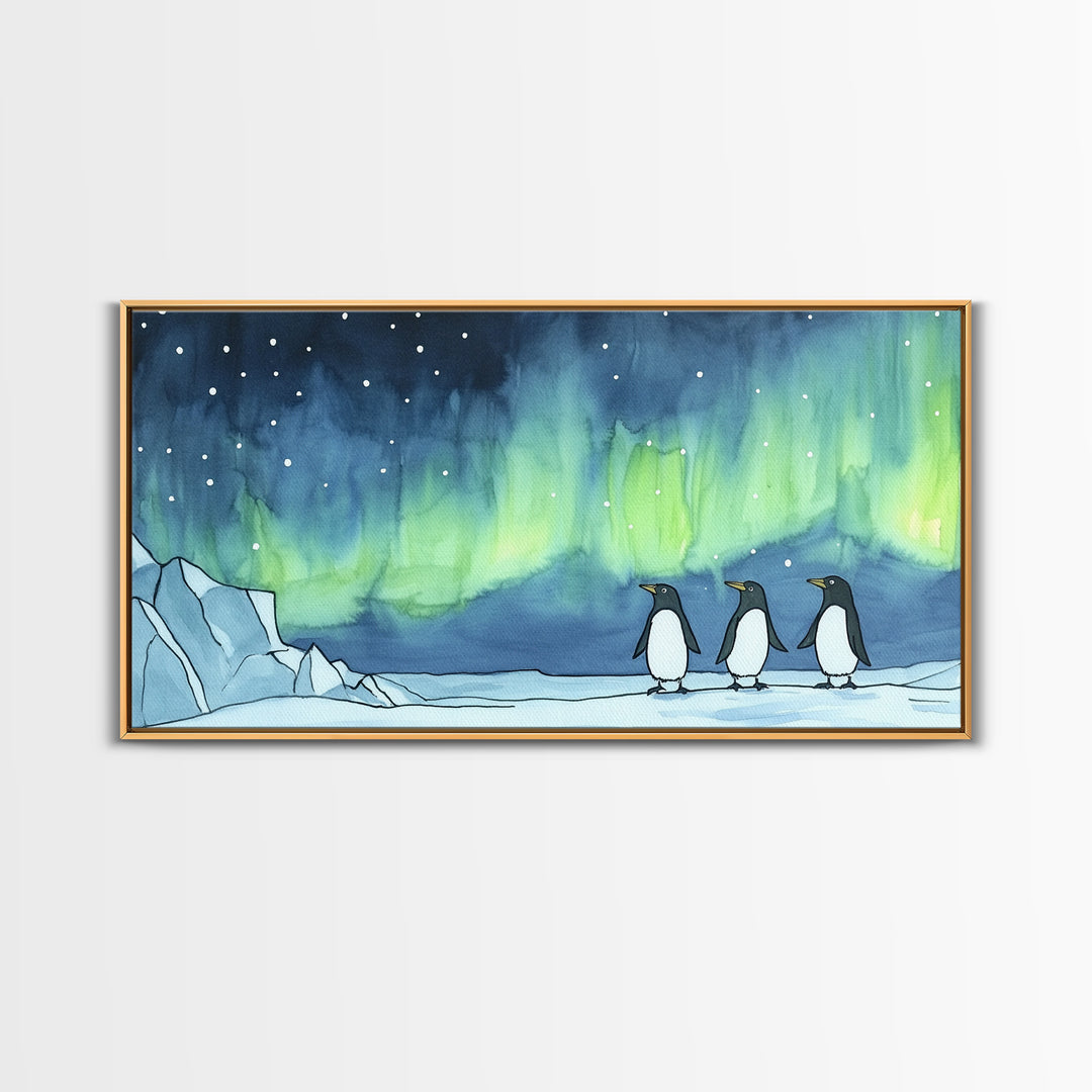 Penguins Walking Under Aurora Canvas Print, Arctic Animal Wall Art, Whimsical Nursery Decor, Kids Room Art, Coastal Wall Decor