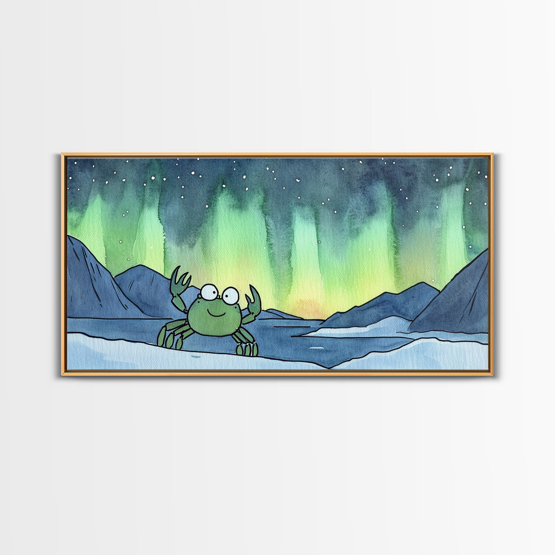 Cheerful Crab Under Northern Lights Wall Art, Whimsical Ocean Art Print, Coastal Nursery Decor, Kids Room Decor, Animal Wall Art