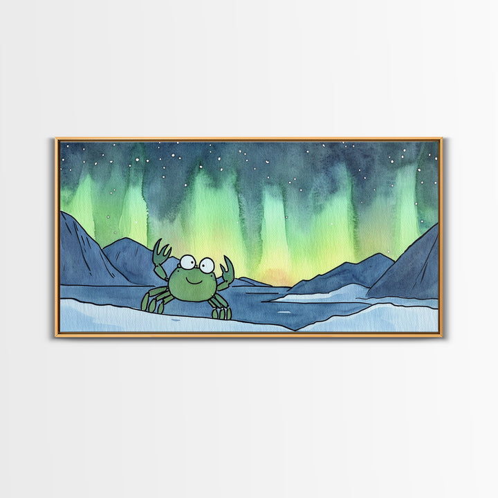 Cheerful Crab Under Northern Lights Wall Art, Whimsical Ocean Art Print, Coastal Nursery Decor, Kids Room Decor, Animal Wall Art