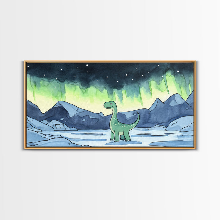 Friendly Loch Ness Dinosaur Under Aurora Wall Art, Whimsical Fantasy Art Print, Kids Room Decor, Nursery Wall Art, Lake Wall Art