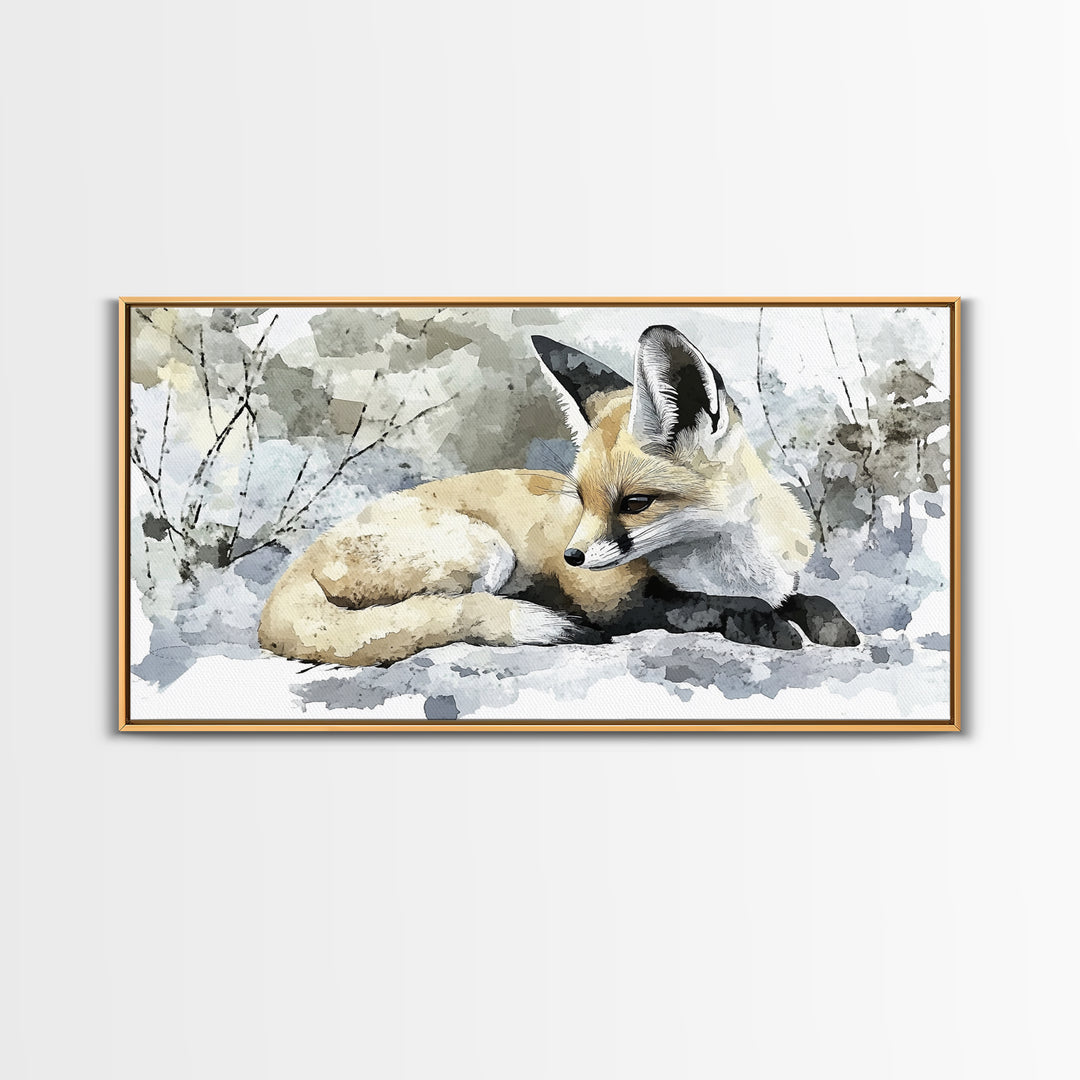 Resting Fennec Fox In Snow Watercolor Wall Art, Winter Wildlife Painting, Woodland Animal Decor, Nature Art Print Gift Idea
