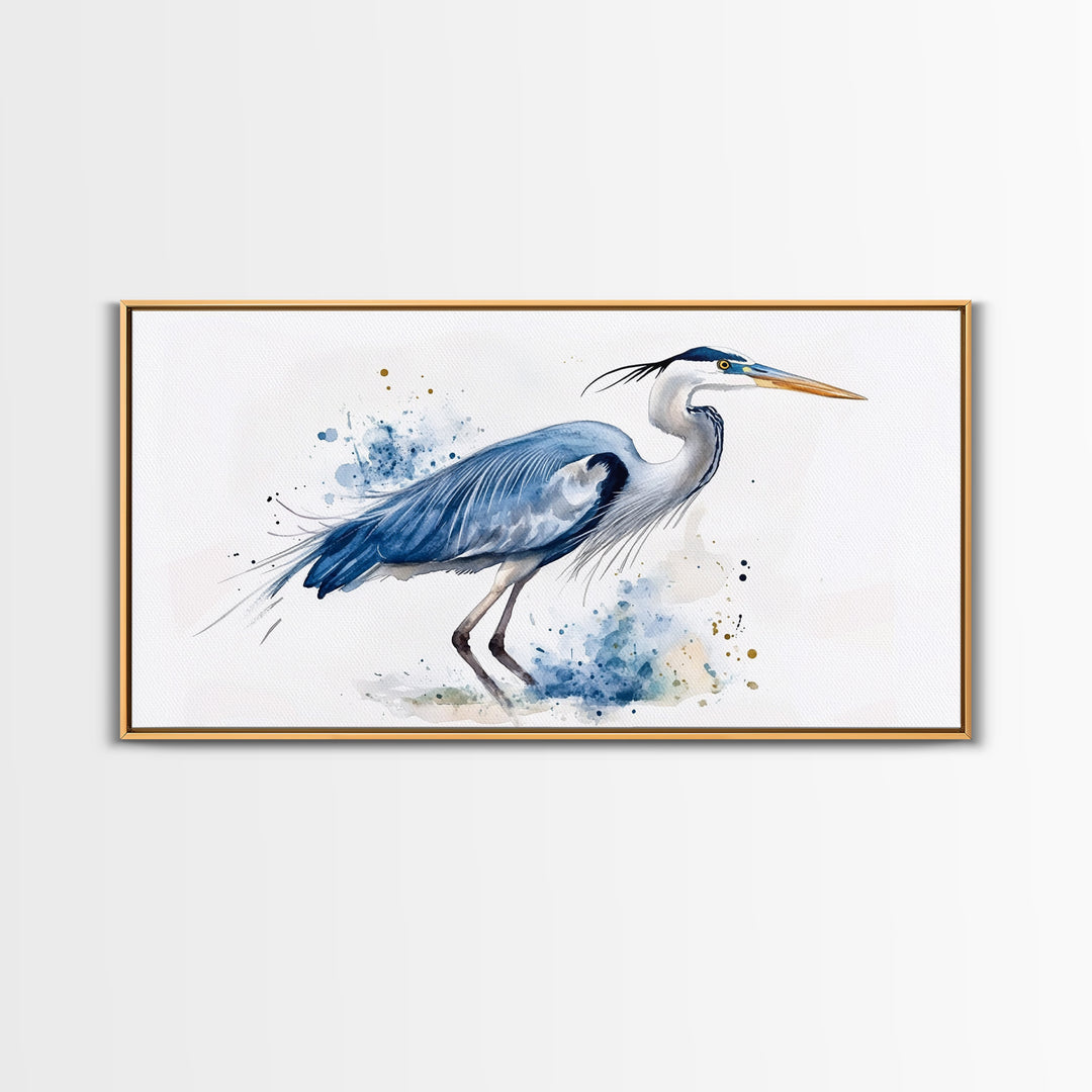 Blue Heron Watercolor Canvas Print, Elegant Coastal Bird Wall Art, Nautical Wildlife Decor, Beach House Living Room Art Print