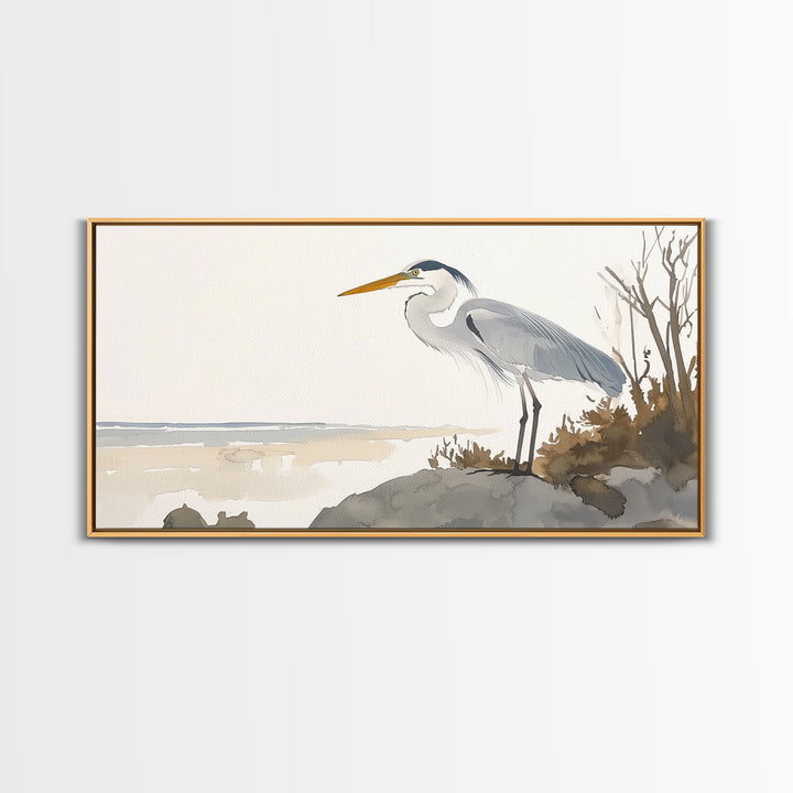 Coastal Great Blue Heron Wall Art, Serene Beach Landscape Watercolor, Nautical Bird Print, Beach House Living Room Decor