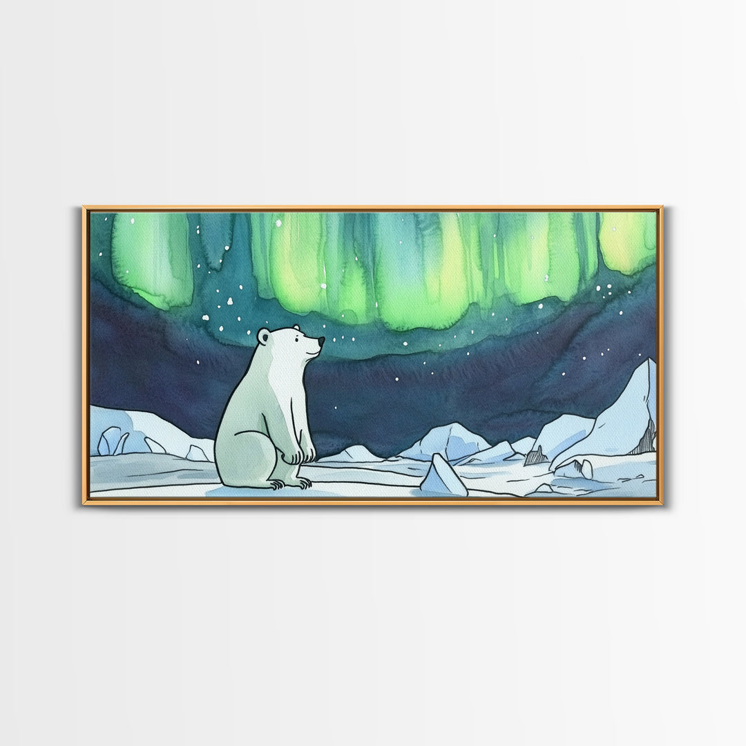 Polar Bear Northern Lights Canvas Print, Arctic Wildlife Wall Art, Aurora Borealis Nursery Decor, Whimsical Kids Room Gift