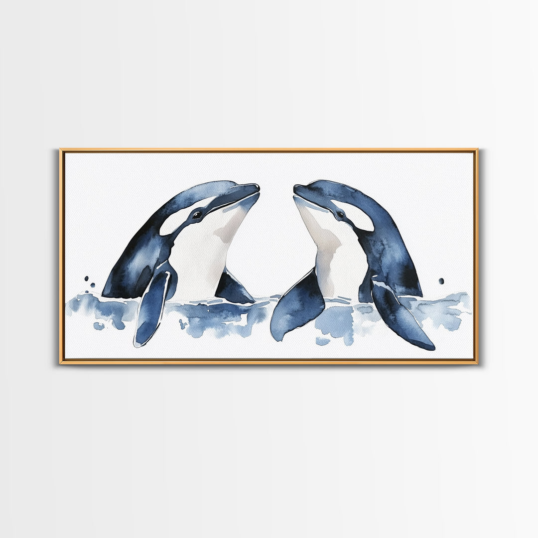 Two Orca Whales Rising From Blue Water Canvas Print, Minimalist Ocean Animal Wall Art, Coastal Nursery Decor, Gift For Her
