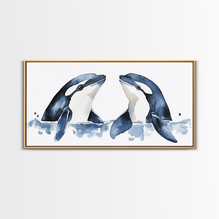 Two Orca Whales Rising From Blue Water Canvas Print, Minimalist Ocean Animal Wall Art, Coastal Nursery Decor, Gift For Her