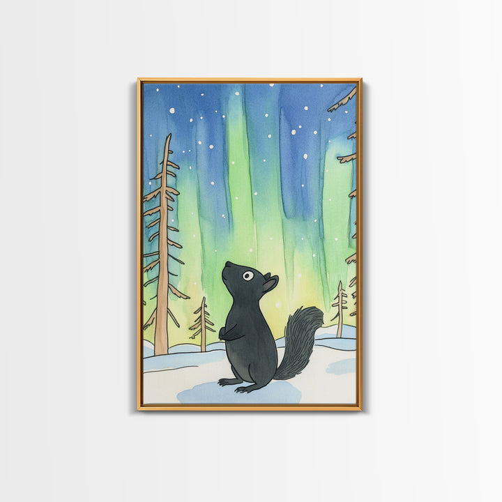 Whimsical Black Squirrel Aurora Wall Art, Northern Lights Nursery Decor, Woodland Animal Print, Winter Forest Kids Room Art