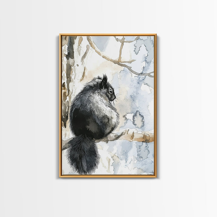 Black Squirrel Winter Branch Wall Art, Watercolor Wildlife Print, Rustic Nature Decor, Woodland Animal Art, Cabin Poster
