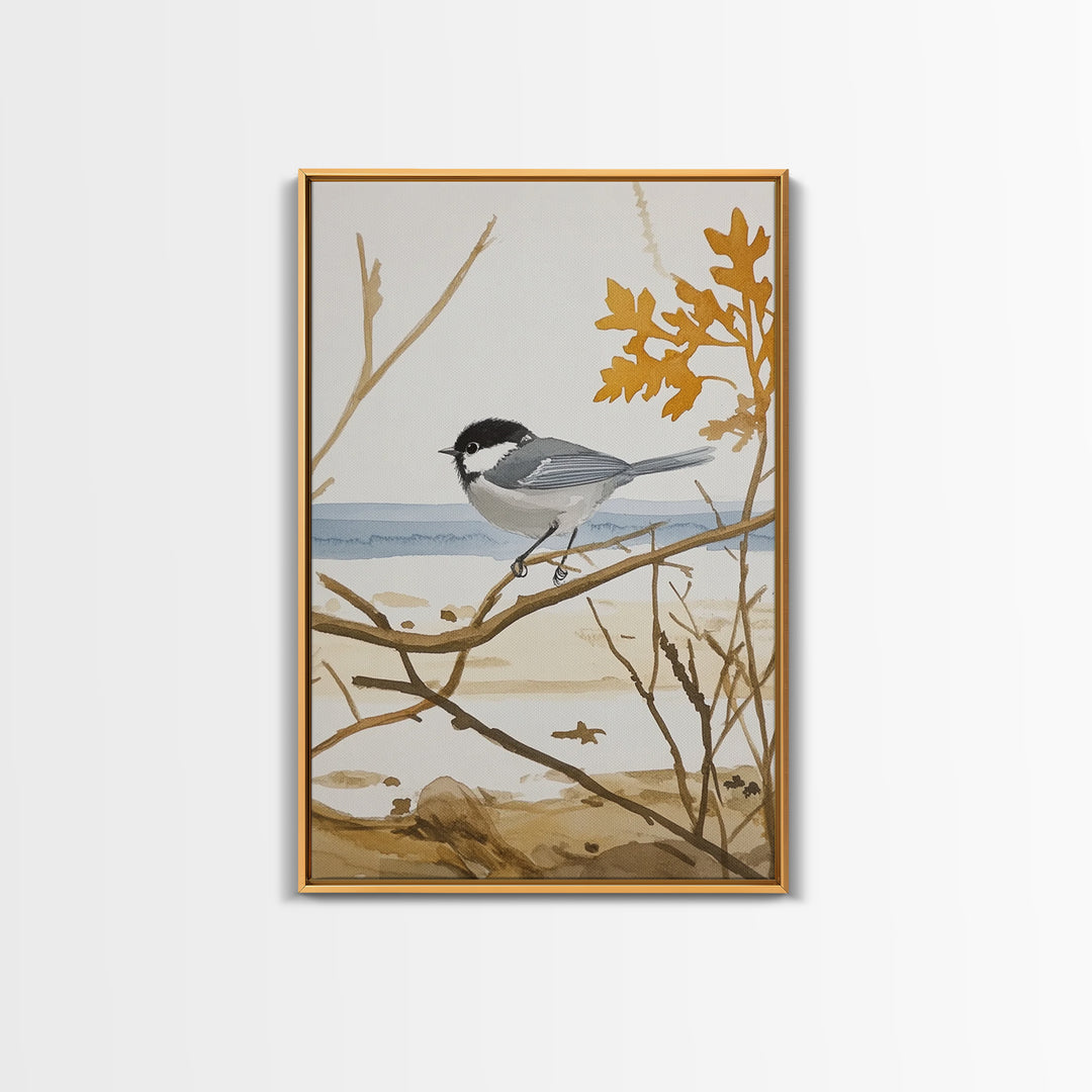 Coastal Chickadee On Driftwood Branch Wall Art, Beach House Decor, Nautical Nature Print, Bird Art Print, Serene Seaside Decor