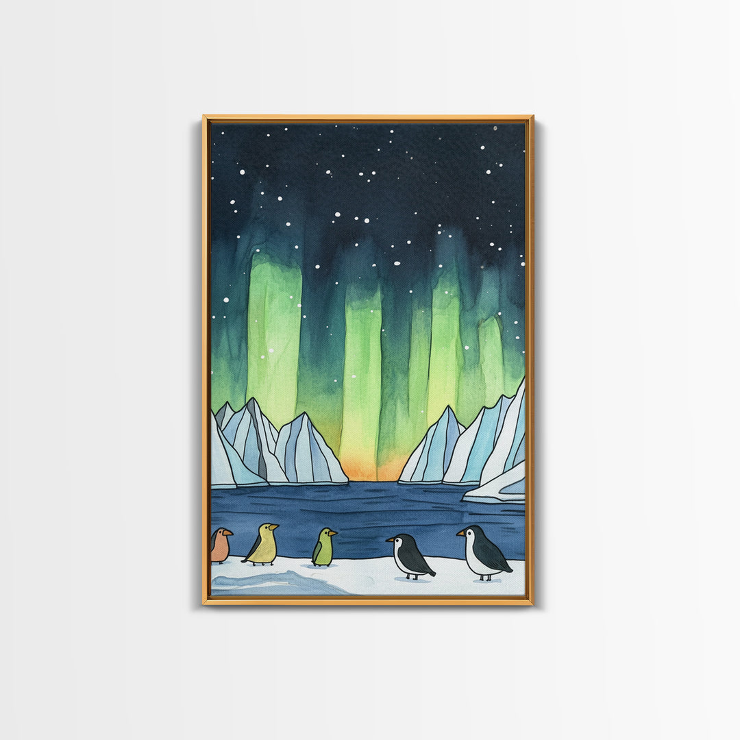 Penguins Under Northern Lights Canvas Print, Aurora Borealis Wall Decor, Arctic Animal Art, Kids Room Decor, Whimsical Nursery Art