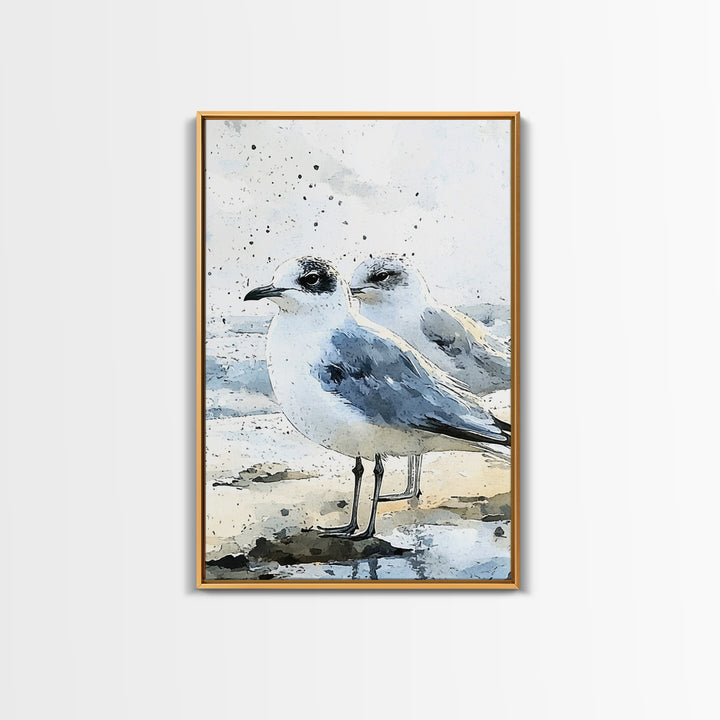 Two Seagulls On Sandy Beach Framed Canvas Print, Coastal Wall Art, Ocean Decor, Nautical Art Print, Beach House Decor Gift