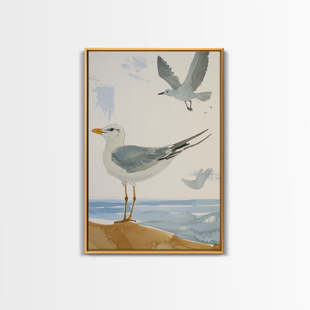 Minimal Seagulls Above Ocean Dune Canvas Print, Coastal Wall Art, Beach House Decor, Nautical Bird Print, Serene Bathroom Decor