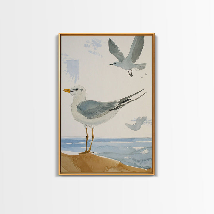Minimal Seagulls Above Ocean Dune Canvas Print, Coastal Wall Art, Beach House Decor, Nautical Bird Print, Serene Bathroom Decor