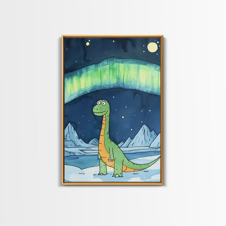 Cute Green Dinosaur Under Northern Lights Wall Art, Whimsical Nursery Decor, Kids Room Art, Arctic Adventure Canvas Print