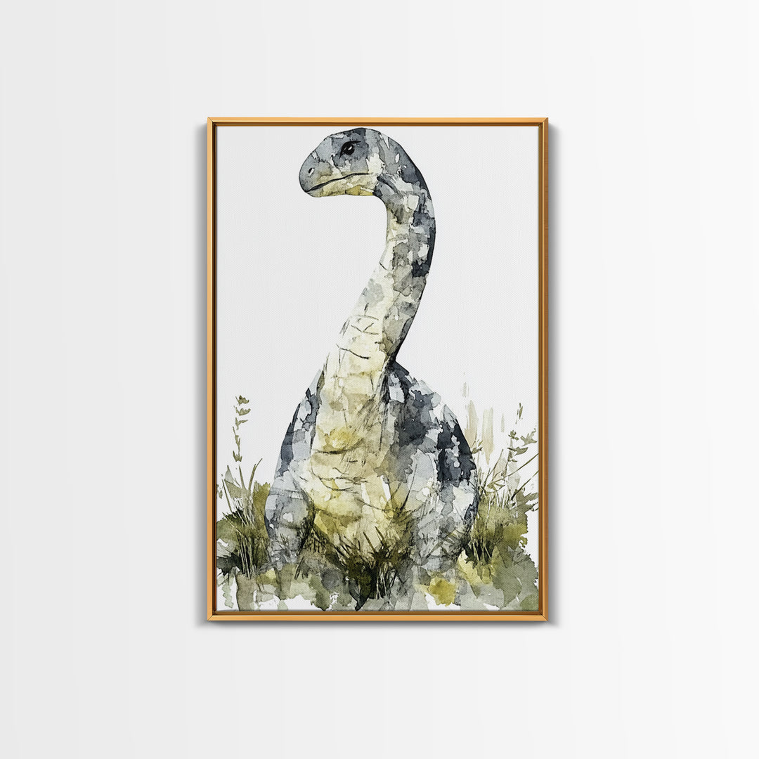 Gentle Long Neck Dinosaur Watercolor Wall Art, Neutral Nursery Decor, Animal Art Print, Kids Room Canvas Print, Baby Gift