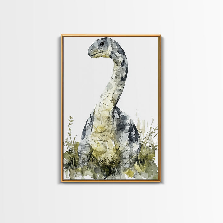 Gentle Long Neck Dinosaur Watercolor Wall Art, Neutral Nursery Decor, Animal Art Print, Kids Room Canvas Print, Baby Gift