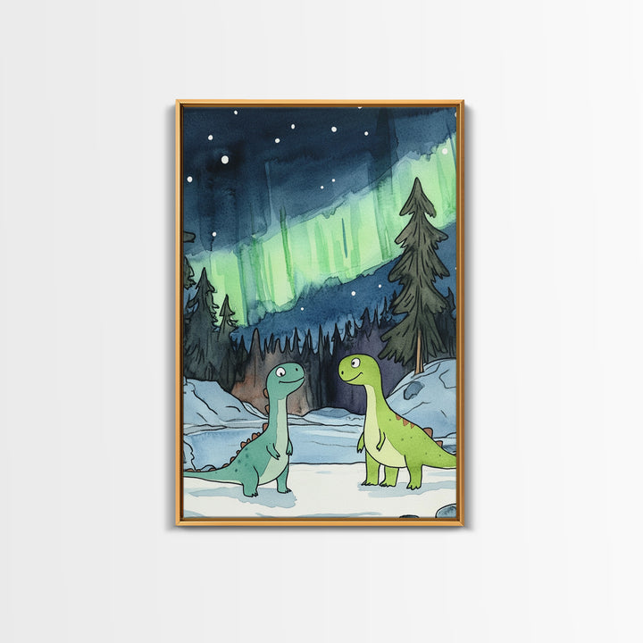 Two Smiling Dinosaurs In Snowy Forest Wall Art, Northern Lights Nursery Decor, Whimsical Kids Room Canvas Print, Baby Shower Gift