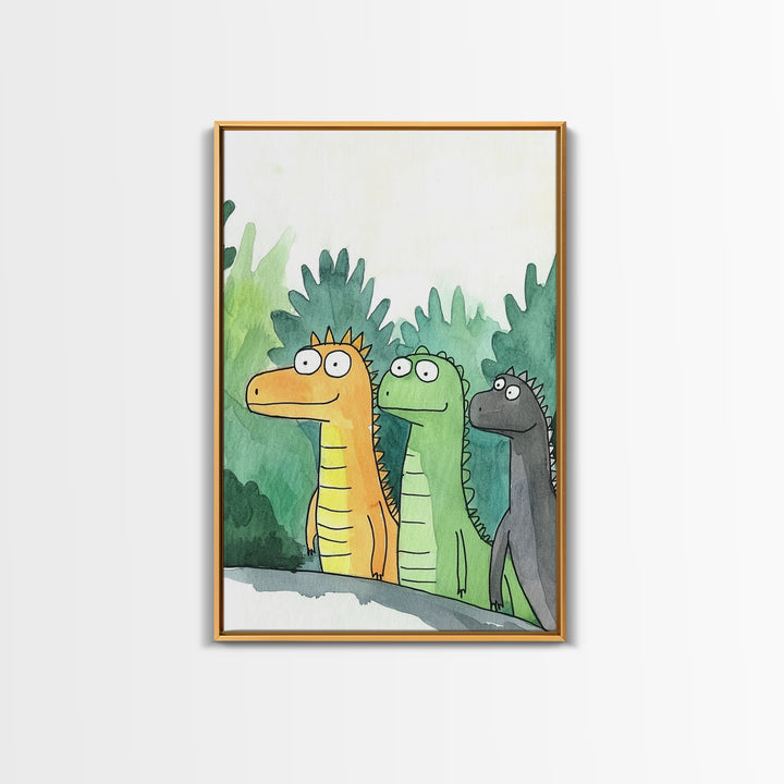 Three Cute Dinosaurs In Green Jungle Wall Art, Whimsical Animal Nursery Decor, Kids Room Art Print, Colorful Canvas Print