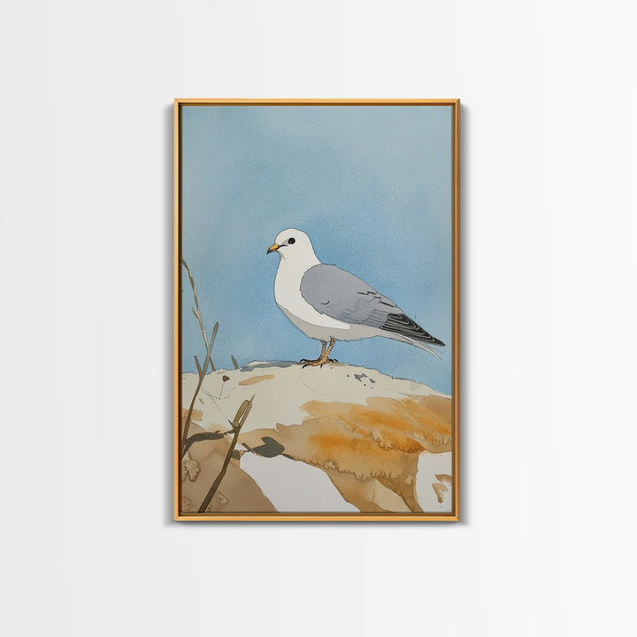 Coastal Seagull On Sunlit Rock Wall Art, Beach House Decor, Living Room Decor, Ocean Bird Art Print, Nautical Framed Canvas Print