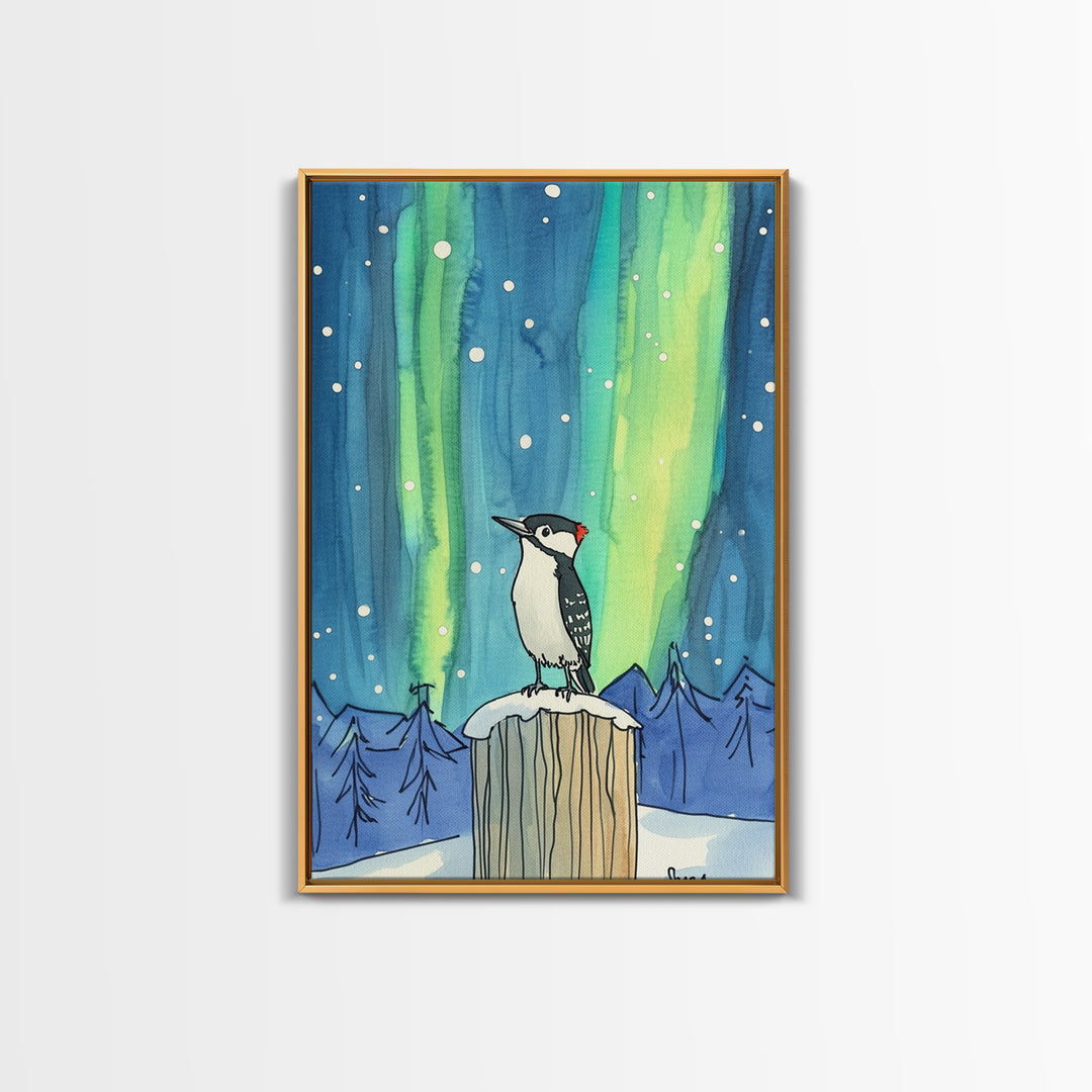 Woodpecker Under Aurora Snowy Forest Wall Art, Northern Lights Bird Art Print, Winter Nature Decor, Cozy Cabin Decor Canvas Print