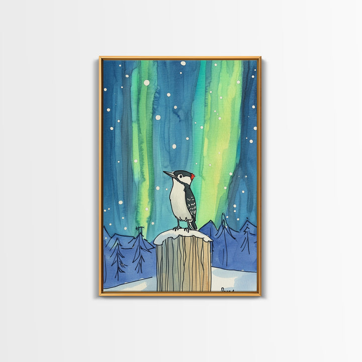 Woodpecker Under Aurora Snowy Forest Wall Art, Northern Lights Bird Art Print, Winter Nature Decor, Cozy Cabin Decor Canvas Print