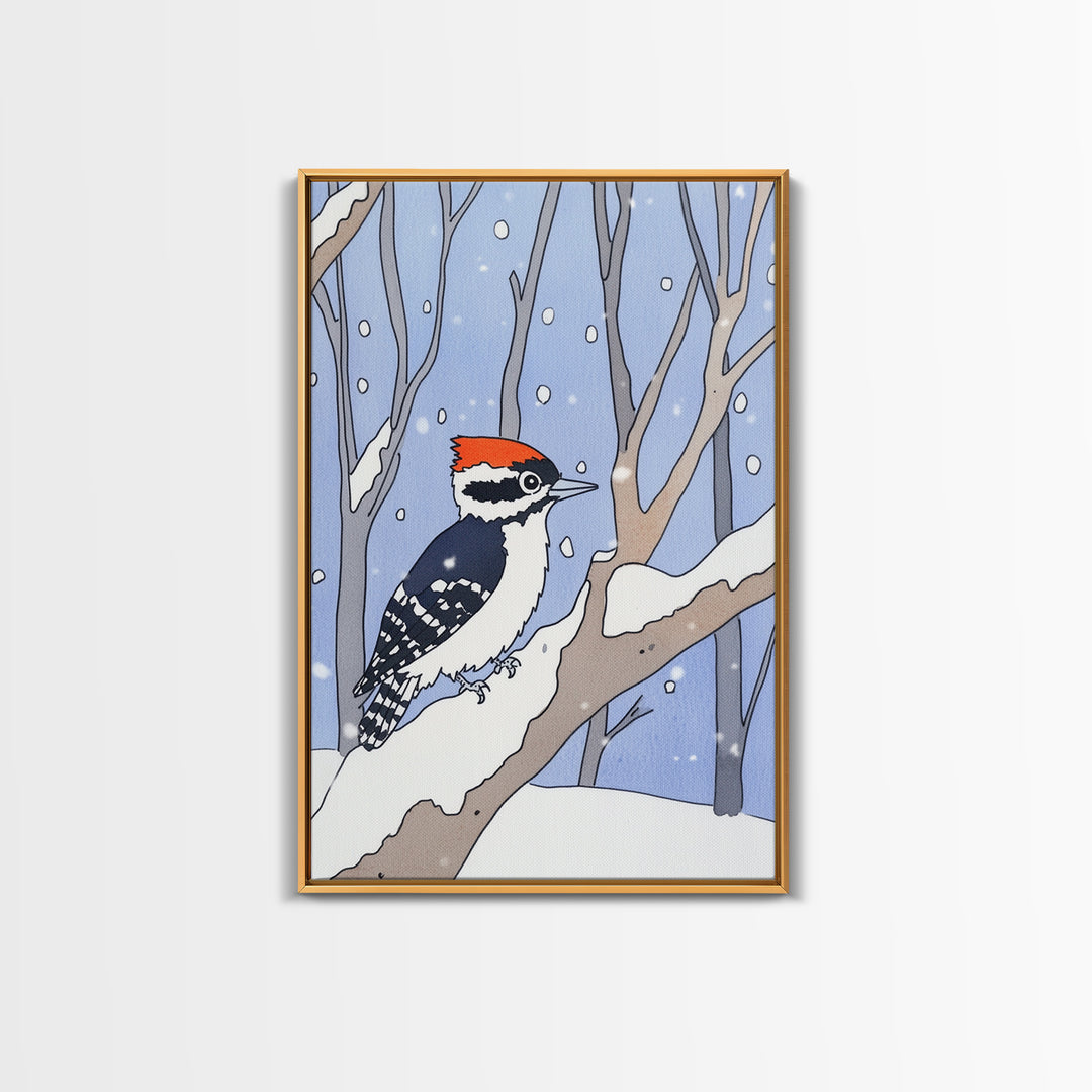 Red Capped Woodpecker In Snowy Winter Forest Wall Art, Woodland Bird Print, Nursery Decor, Rustic Cabin Decor, Nature Gift