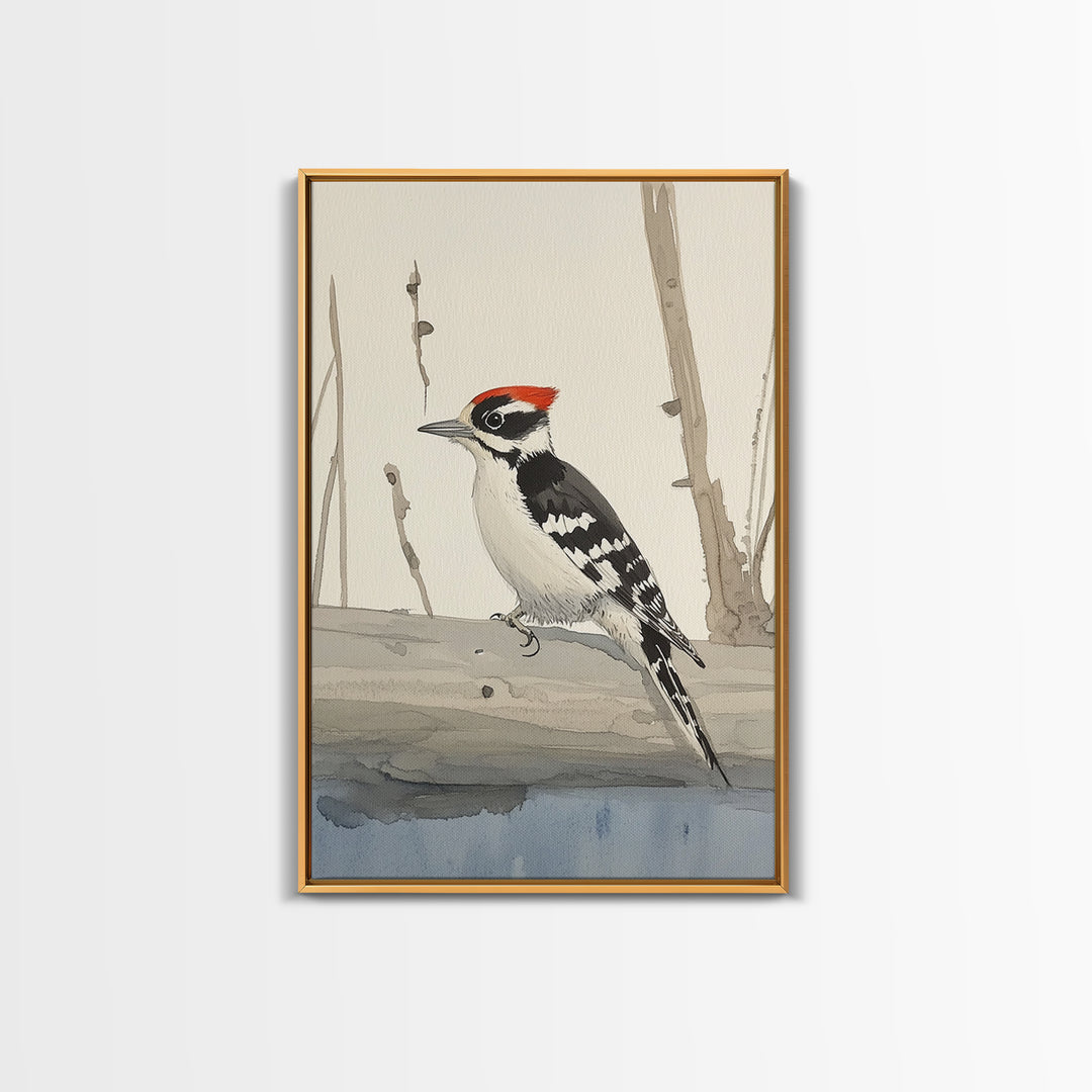 Red Crown Woodpecker On Winter Log Wall Art, Minimalist Bird Print, Woodland Nursery Decor, Rustic Nature Art, Cabin Decor